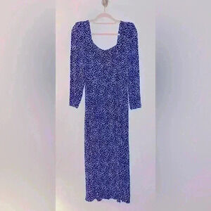 Structured 3/4 Sleeve Midi Dress, Blue polka dot pattern, leg slit, Worn Once